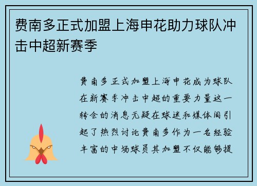 费南多正式加盟上海申花助力球队冲击中超新赛季